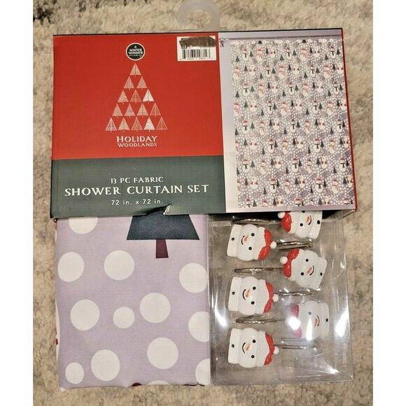 NEW Holiday Woodlands Christmas - Snowman - Shower Curtain and Hooks - Picture 3 of 5